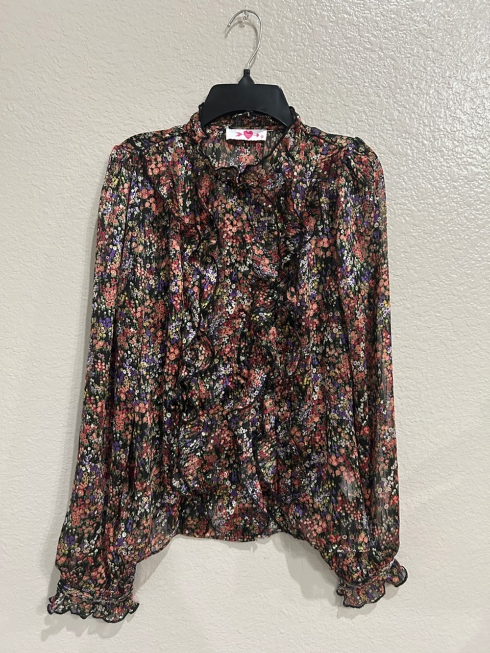 Buddy Love Black Floral Ruffle Long Sleeve Blouse Sz XS Romantic Chic TC0337